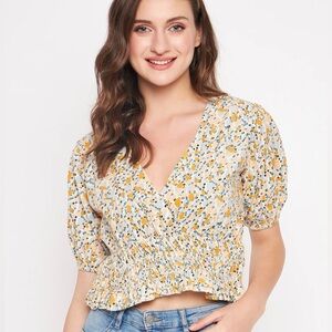 NWT Sim & Sam Women’s Large Deep V Neck Blouse Puff Sleeve Crop Top Fitted Waist